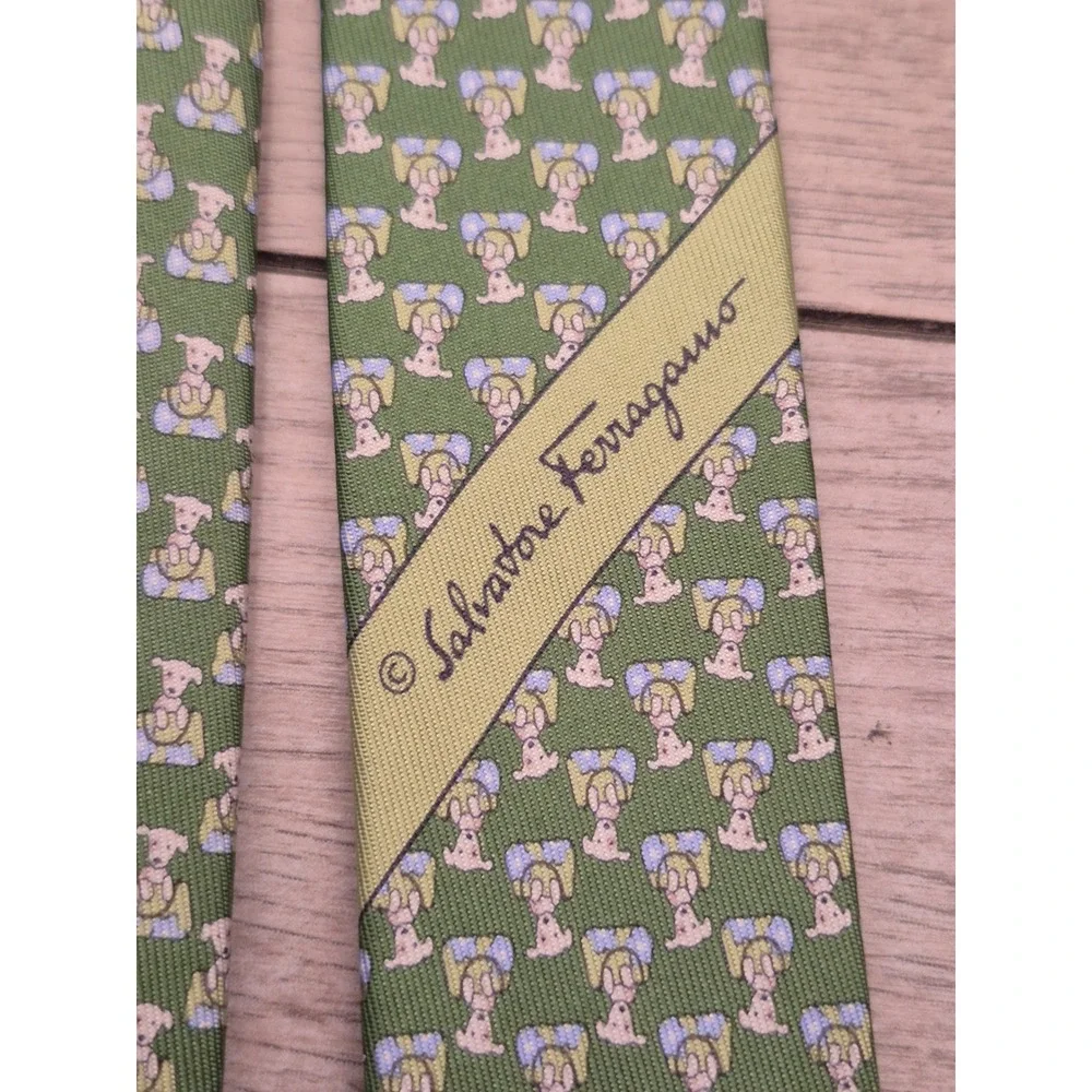 Salvatore Ferragamo Mens Silk Tie Green Whimsical Dog Animal Print Made in Italy